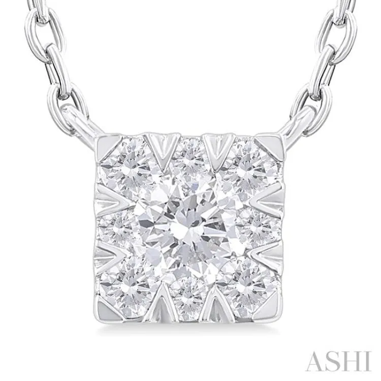 1/10 ctw  Lovebright Petite Square Shape Round Cut Diamond Fashion Pendant With Chain in 10K White Gold