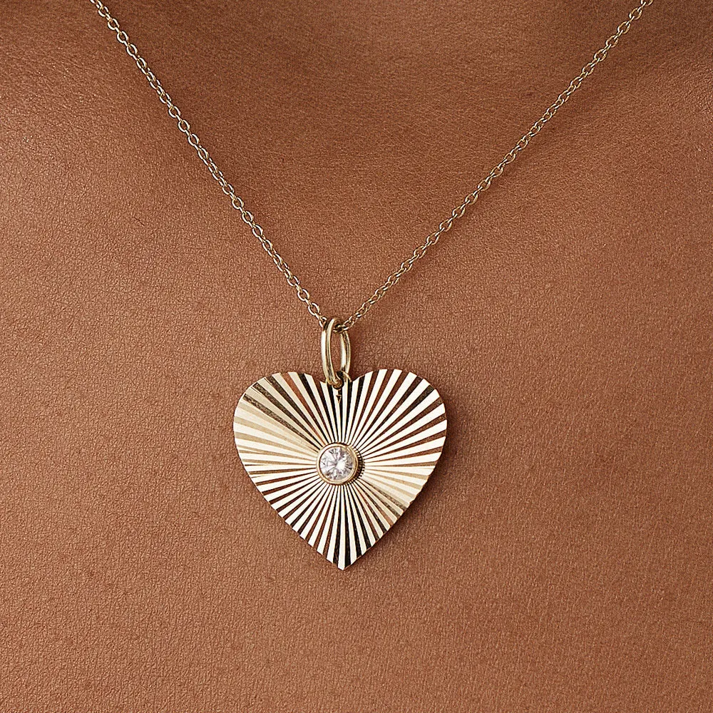 14K Diamond-Cut Heart Shape Disc Ray Pendant