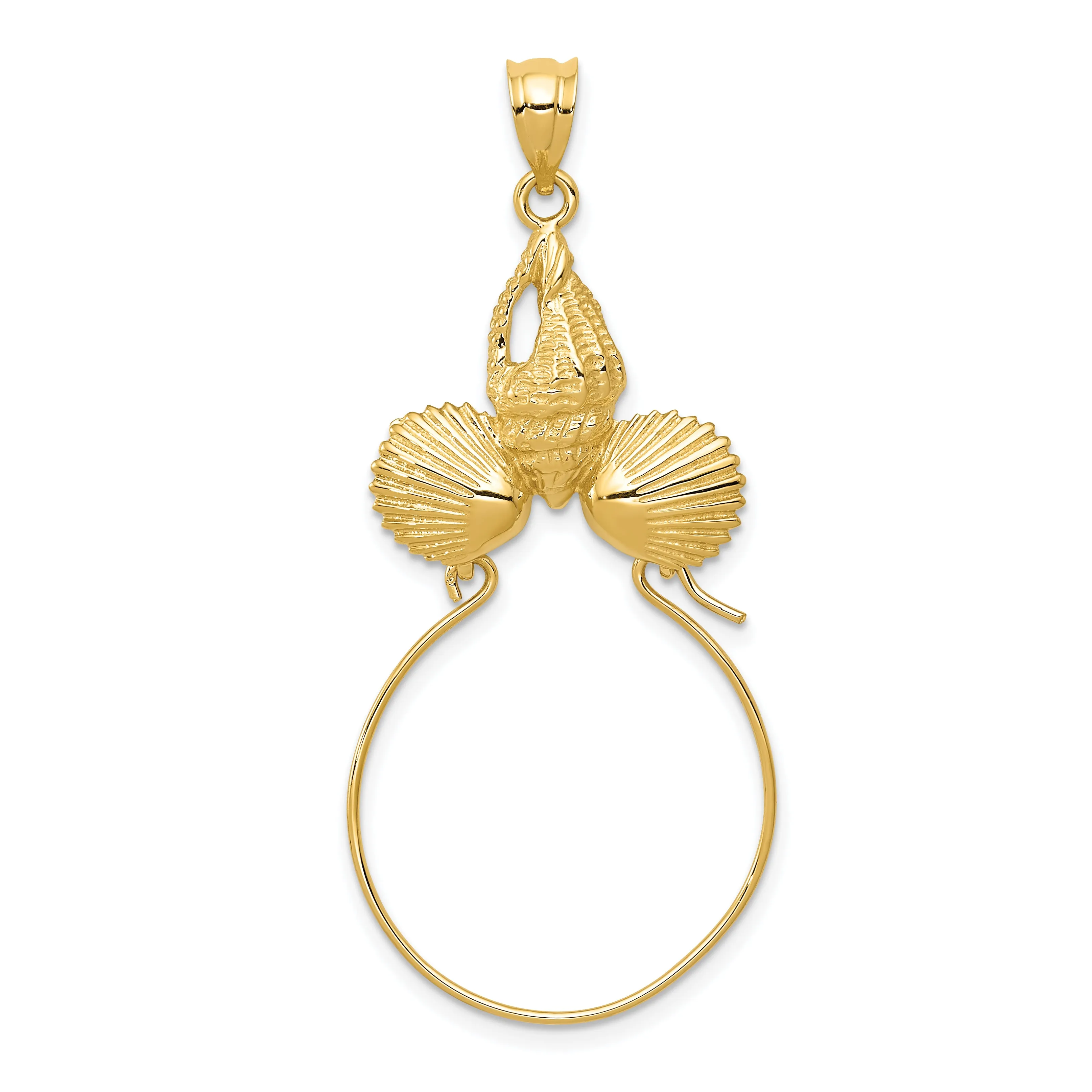 14K Gold Sea Shell Charm Holder Pendant, Solid Cast, Elegant Design