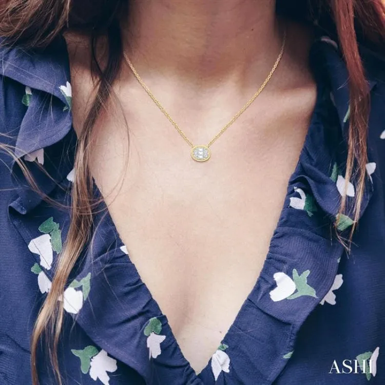 1/6 ctw Petite Bezel Set East-West Oval Shape Fusion Baguette and Round Cut Diamond Fashion Pendant With Chain in 10K Yellow Gold