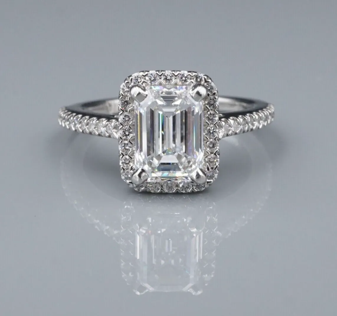 1.7ct Emerald Cut Diamond Halo Engagement Ring Size 5 Platinum D VS2 GIA CO1185