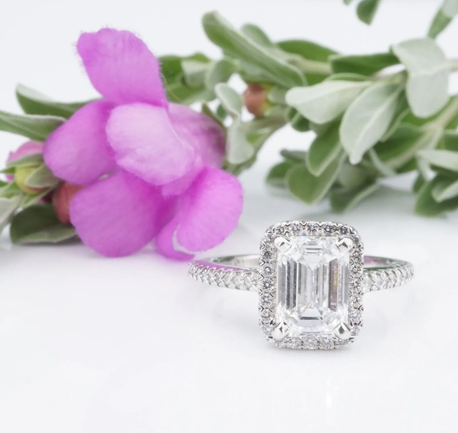 1.7ct Emerald Cut Diamond Halo Engagement Ring Size 5 Platinum D VS2 GIA CO1185