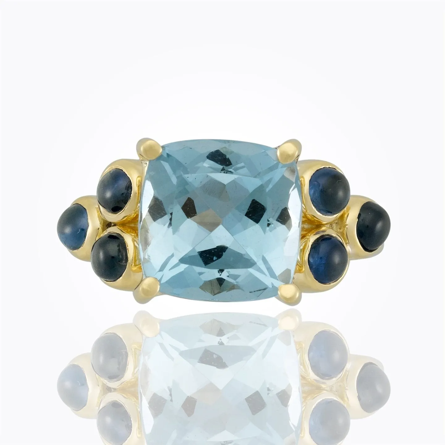 18K Classic Cushion Ring with faceted aquamarine and blue sapphire