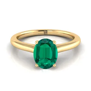 18K Yellow Gold Oval Emerald Pinched Comfort Fit Claw Prong Solitaire Engagement Ring