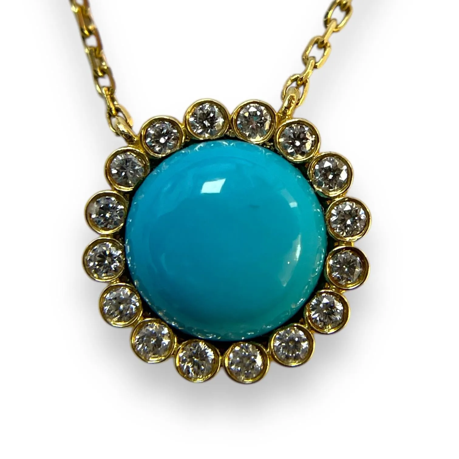 18K Yellow Gold Turquoise and Diamond Halo Necklace