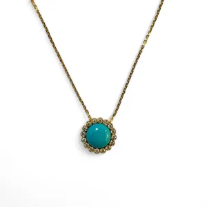 18K Yellow Gold Turquoise and Diamond Halo Necklace