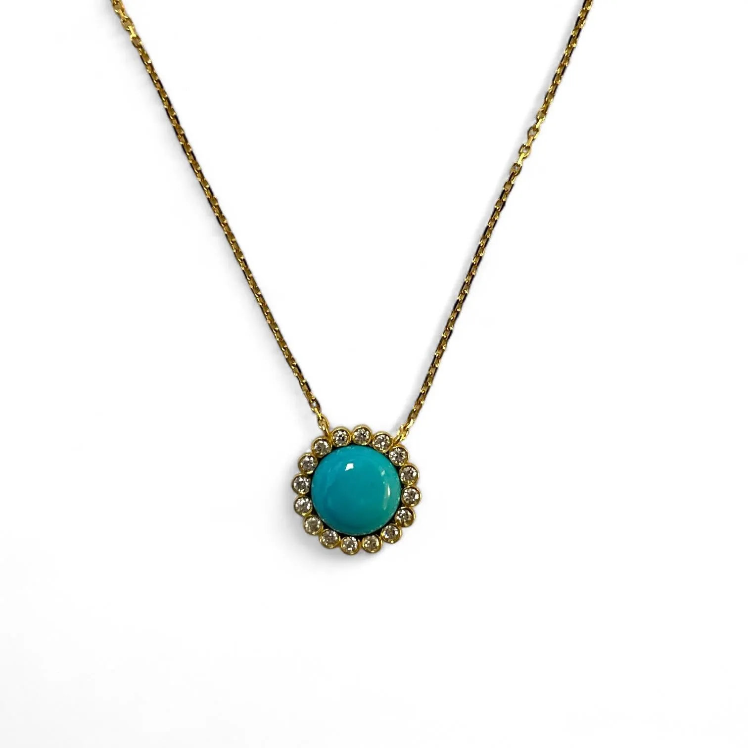 18K Yellow Gold Turquoise and Diamond Halo Necklace