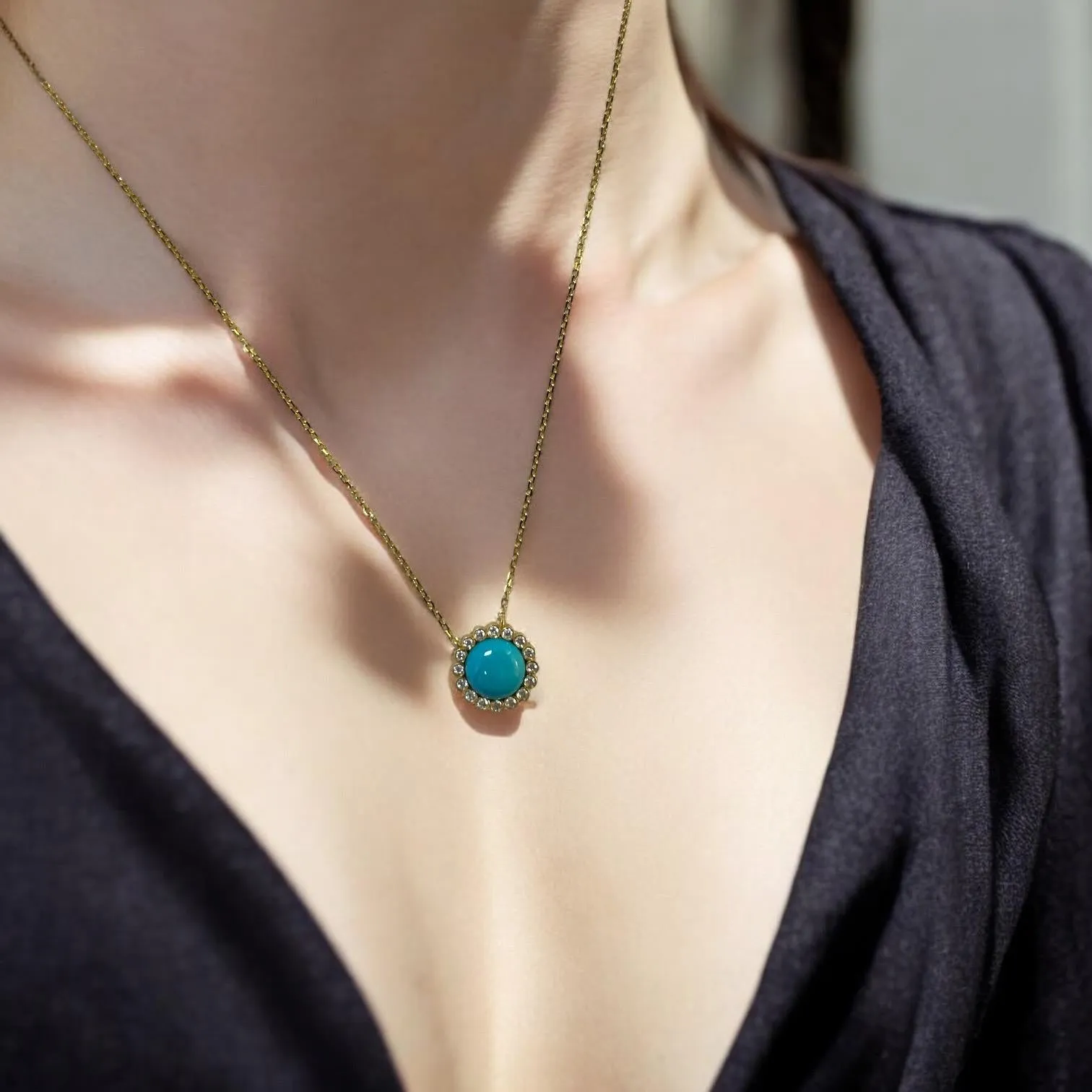 18K Yellow Gold Turquoise and Diamond Halo Necklace