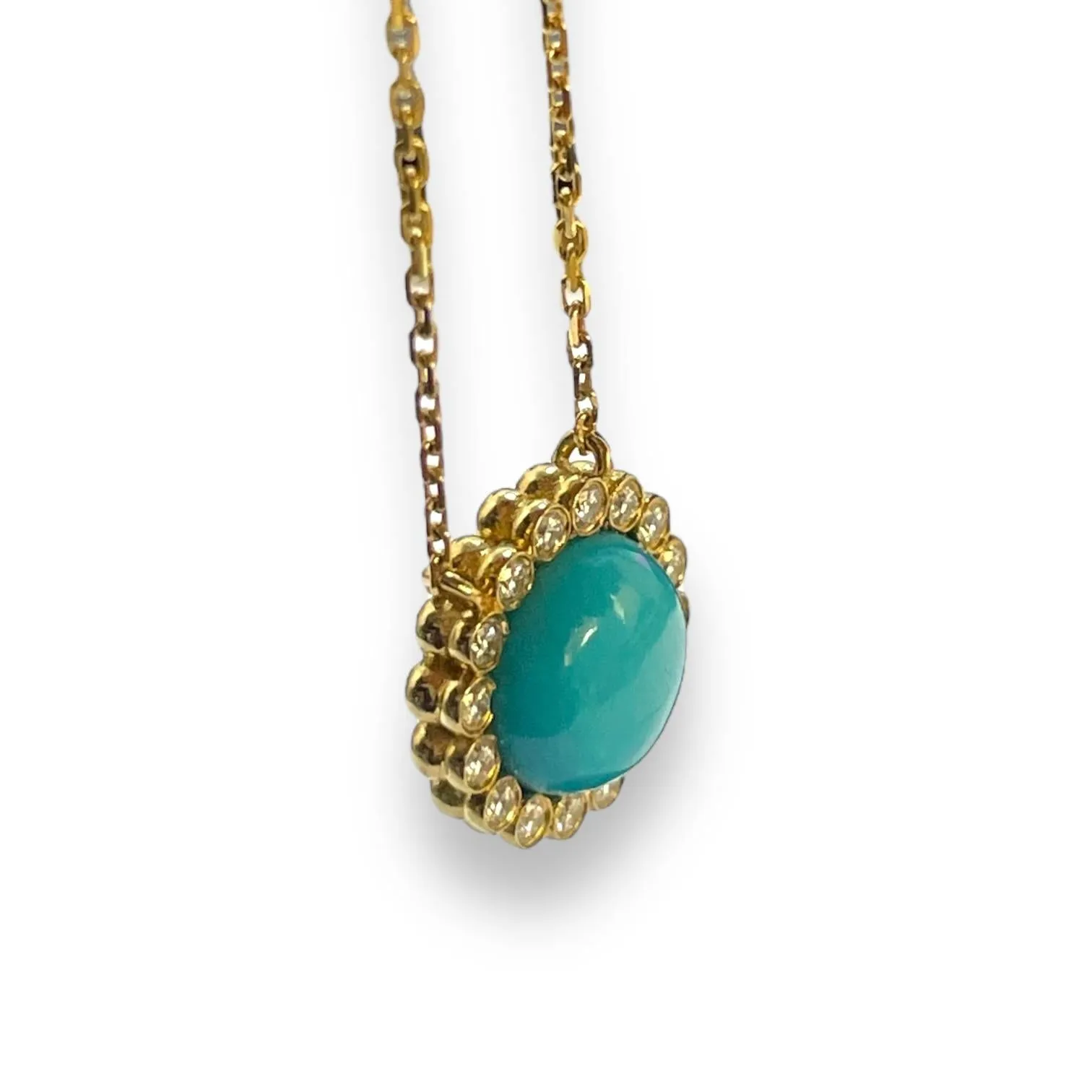 18K Yellow Gold Turquoise and Diamond Halo Necklace