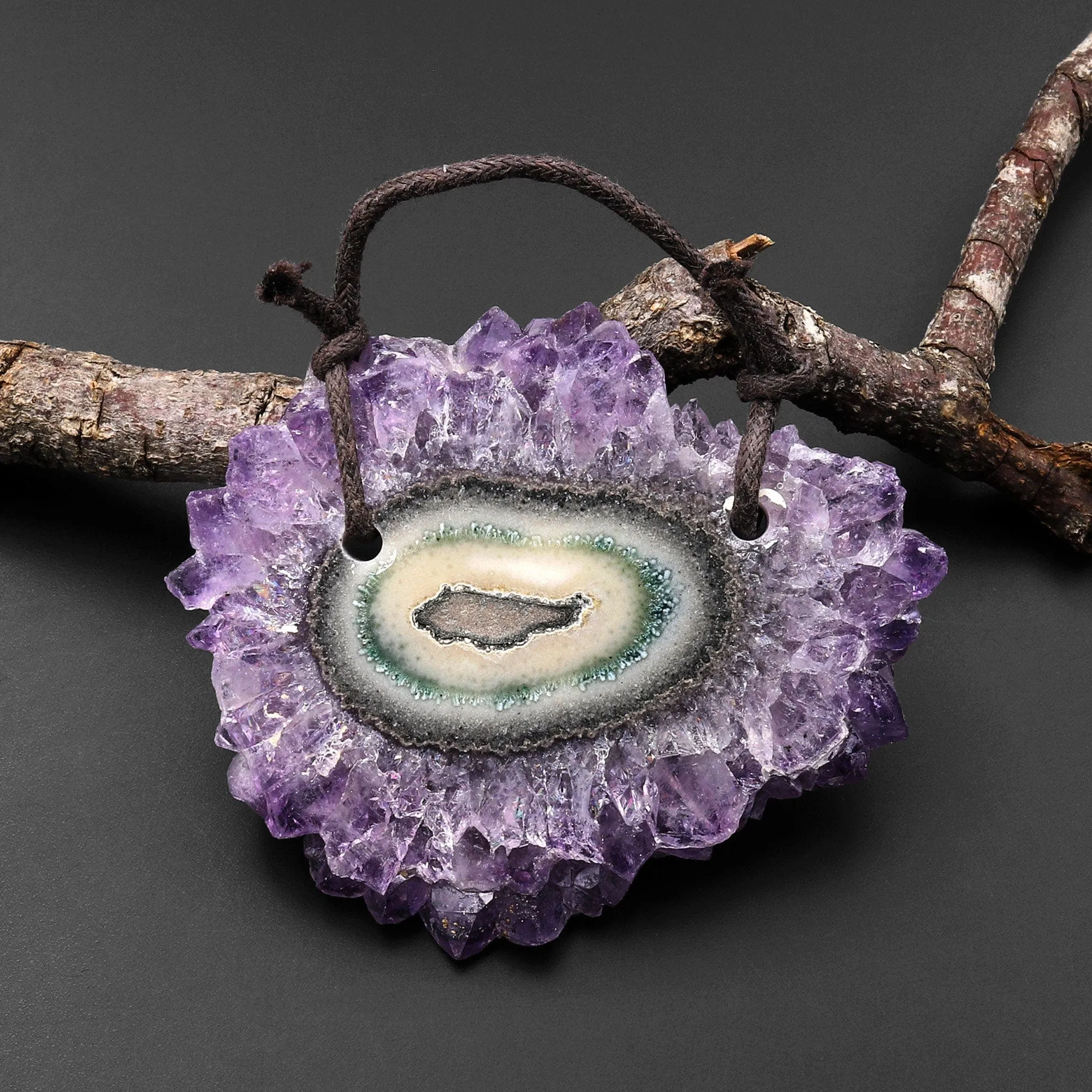 2 Hole Pendant Natural Amethyst Stalactite Flower Pendant Flat Slice Freeform One of a Kind P0104