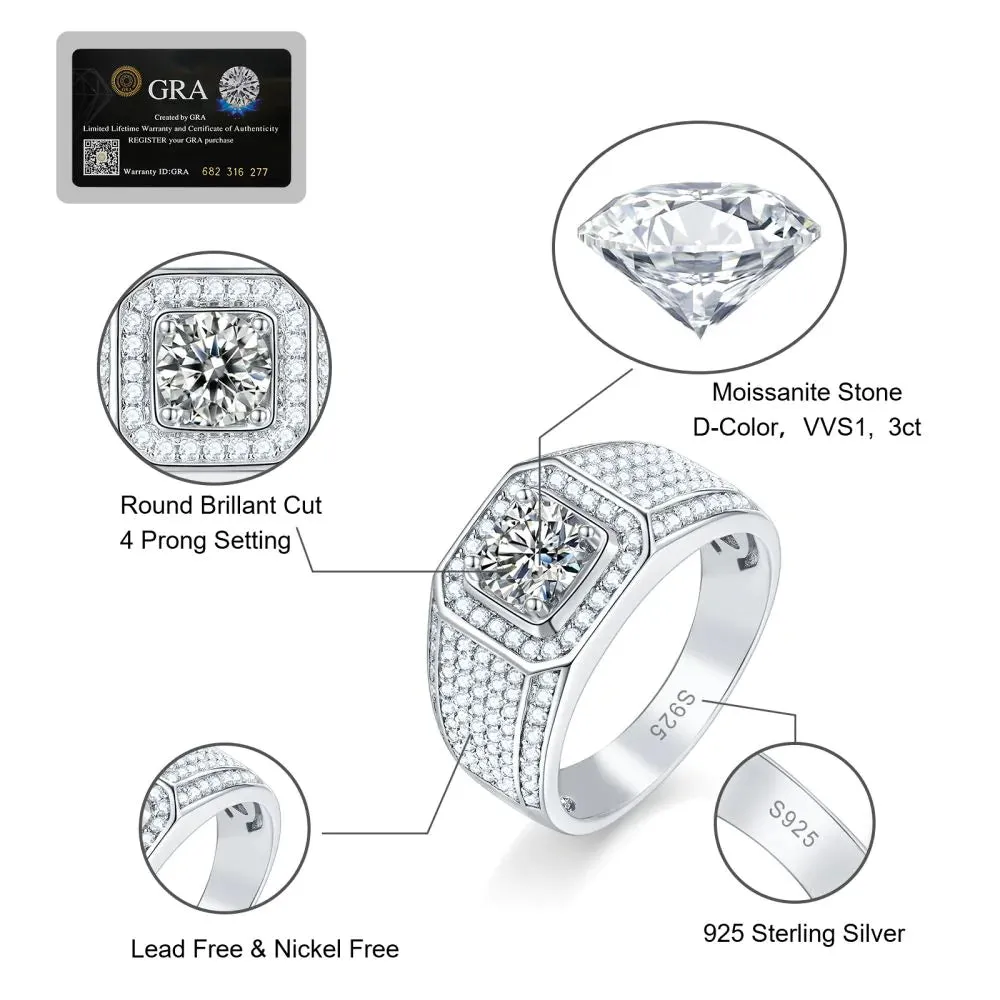 3.0 Carats VVS1 Moissanite Diamond Fully Iced Out Men's Ring