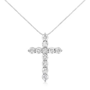 .925 Sterling Silver 1.0 Cttw Prong Set Round-Cut Diamond Cross 18" Pendant Necklace (I-J Color, I2-I3 Clarity)