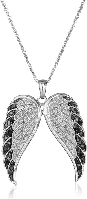 Amazon Essentials Sterling Silver Black and White Diamond Angel Wings Pendant Necklace (1/2 cttw), 18"
