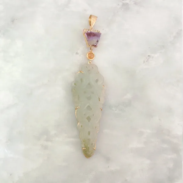 Amethyst, Carnelian & Carved Jade Pendant