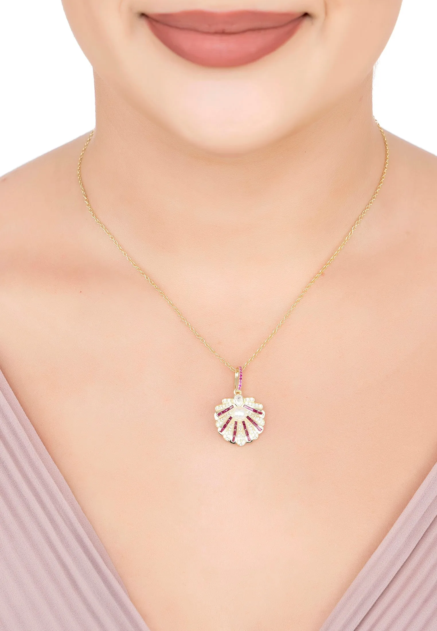Art Deco Scallop Shell Necklace Dipped in Gold with Ruby and Pearl
