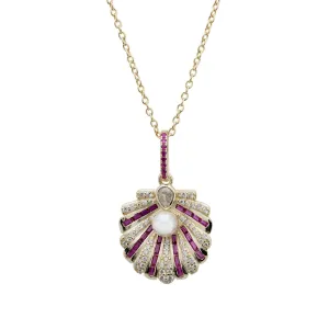 Art Deco Scallop Shell Necklace Dipped in Gold with Ruby and Pearl Art Deco Scallop Shell Necklace Dipped in Gold with Ruby and Pearl