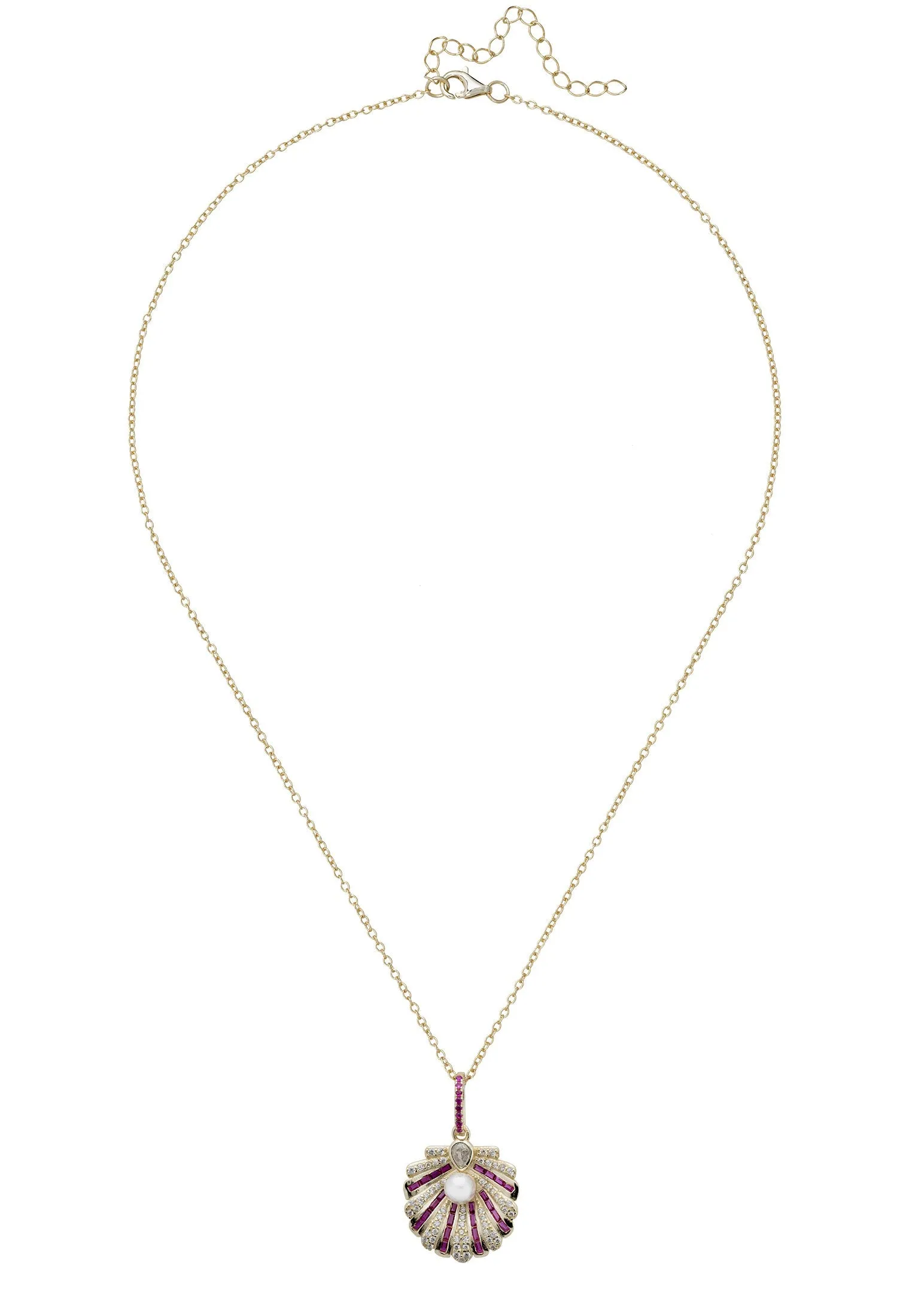 Art Deco Scallop Shell Necklace Dipped in Gold with Ruby and Pearl