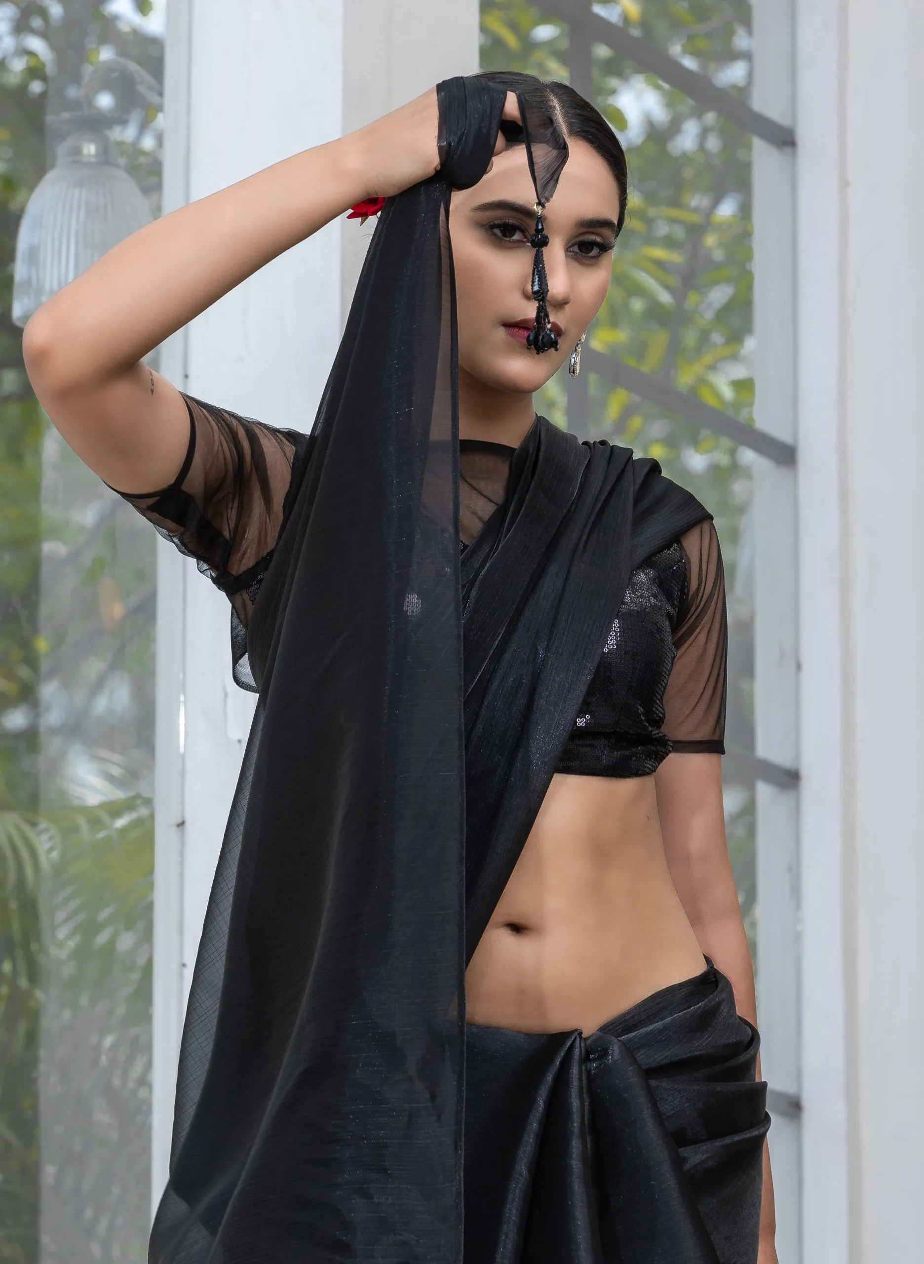 Black Friday Chiffon Organza Saree with Mirror Pendants and Blouse Fabric