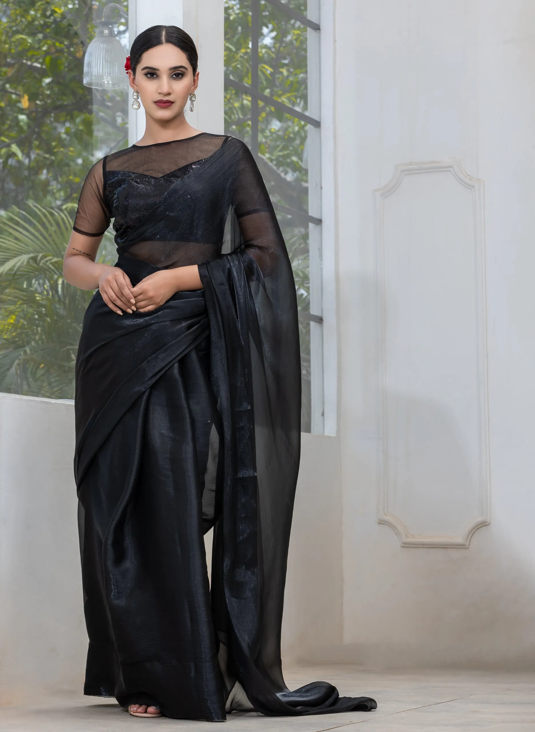 Black Friday Chiffon Organza Saree with Mirror Pendants and Blouse Fabric