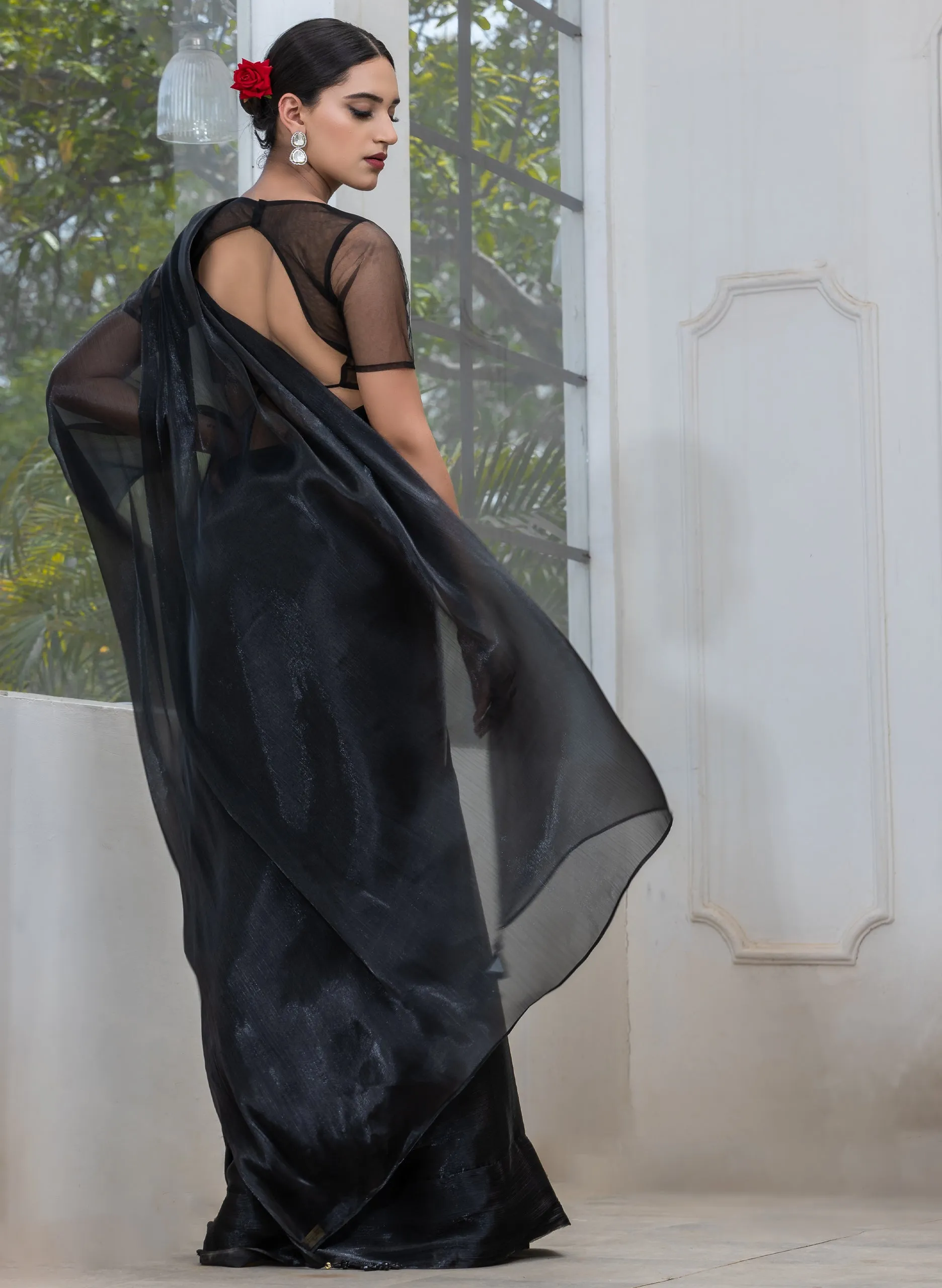 Black Friday Chiffon Organza Saree with Mirror Pendants and Blouse Fabric