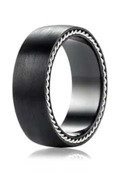 Black Titanium Ring with Silver Rope Edging | 7.5mm