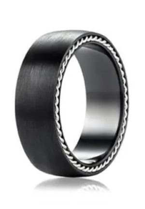 Black Titanium Ring with Silver Rope Edging | 7.5mm