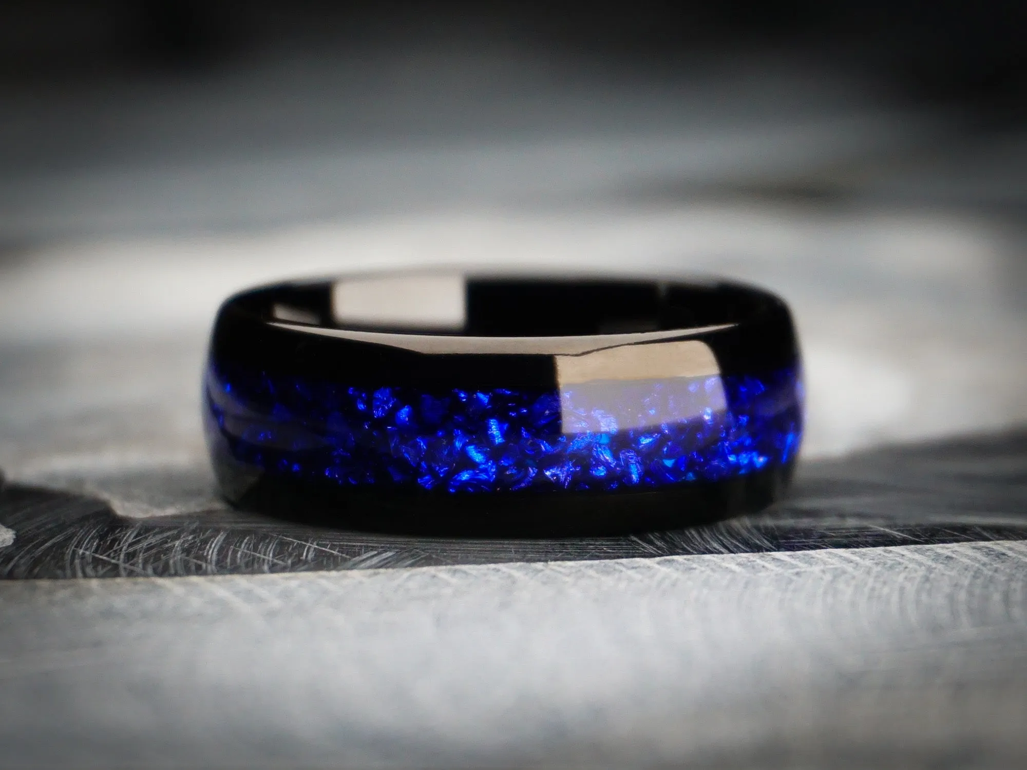 Black Tungsten Ring with Blue Lab-Created Sapphire Inlay - 8MM