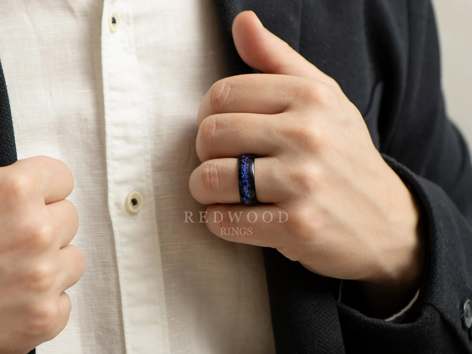Black Tungsten Ring with Blue Lab-Created Sapphire Inlay - 8MM