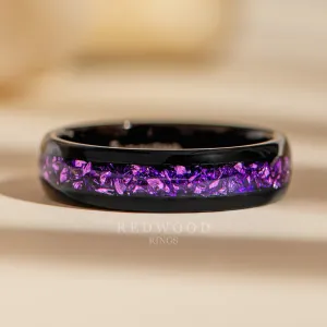 Black Tungsten Ring with Lab-Created Amethyst Inlay - 6MM