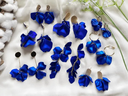 Blue - Royal blue flowers earrings | iridescent petals baroque earrings | golden floral lightweight earrjnfs | bridal party wedding bridesmaid