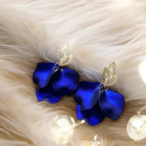Blue - Royal blue flowers earrings | iridescent petals baroque earrings | golden floral lightweight earrjnfs | bridal party wedding bridesmaid