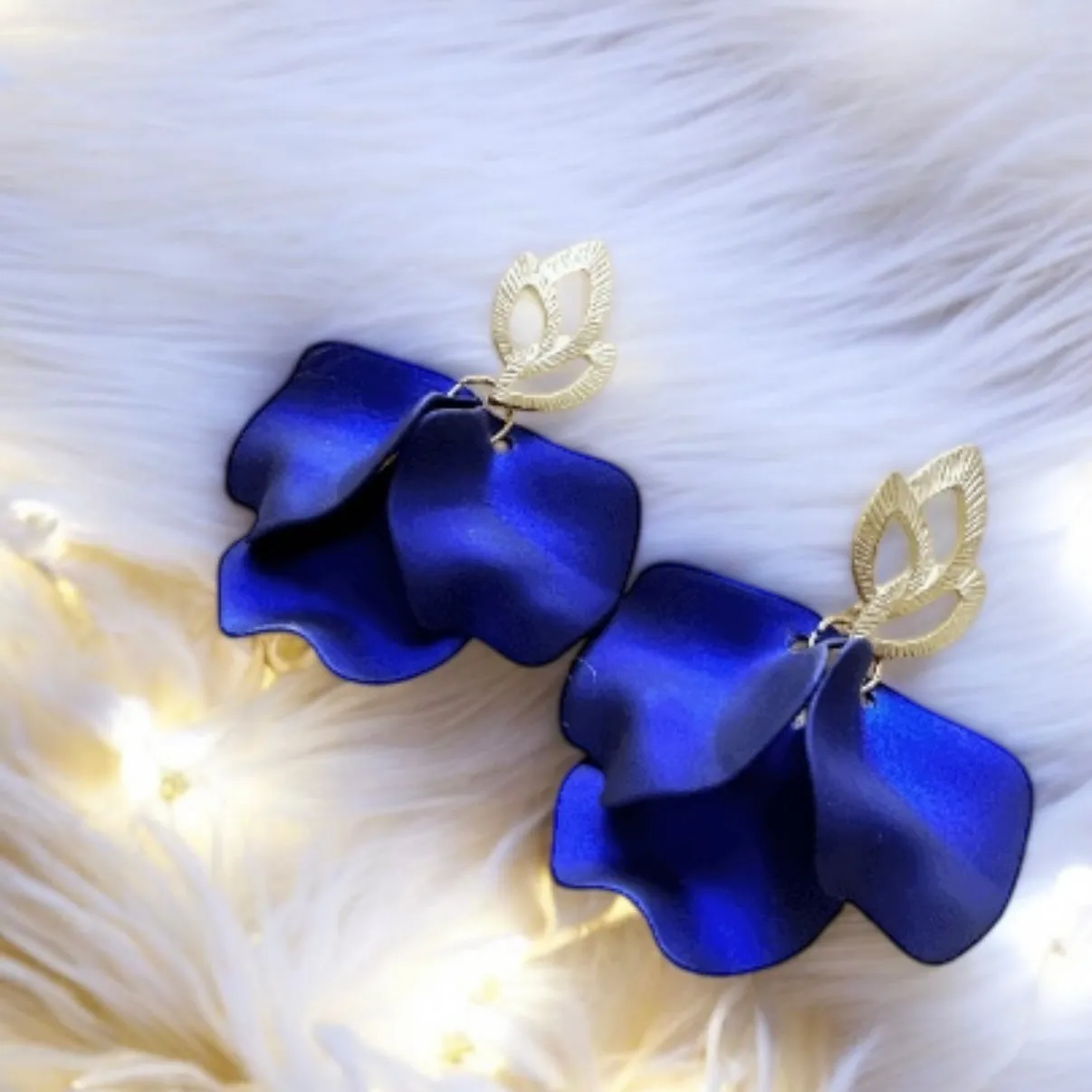 Blue - Royal blue flowers earrings | iridescent petals baroque earrings | golden floral lightweight earrjnfs | bridal party wedding bridesmaid