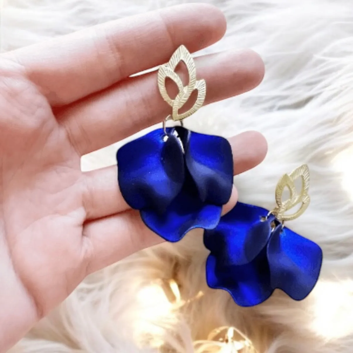 Blue - Royal blue flowers earrings | iridescent petals baroque earrings | golden floral lightweight earrjnfs | bridal party wedding bridesmaid