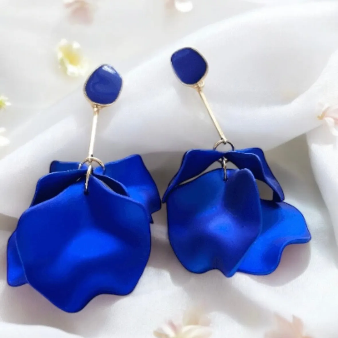 Blue - Royal blue iridescent flower earrings | rose petals statement earrings | unique golden bar floral earrings | bridal party wedding earrings