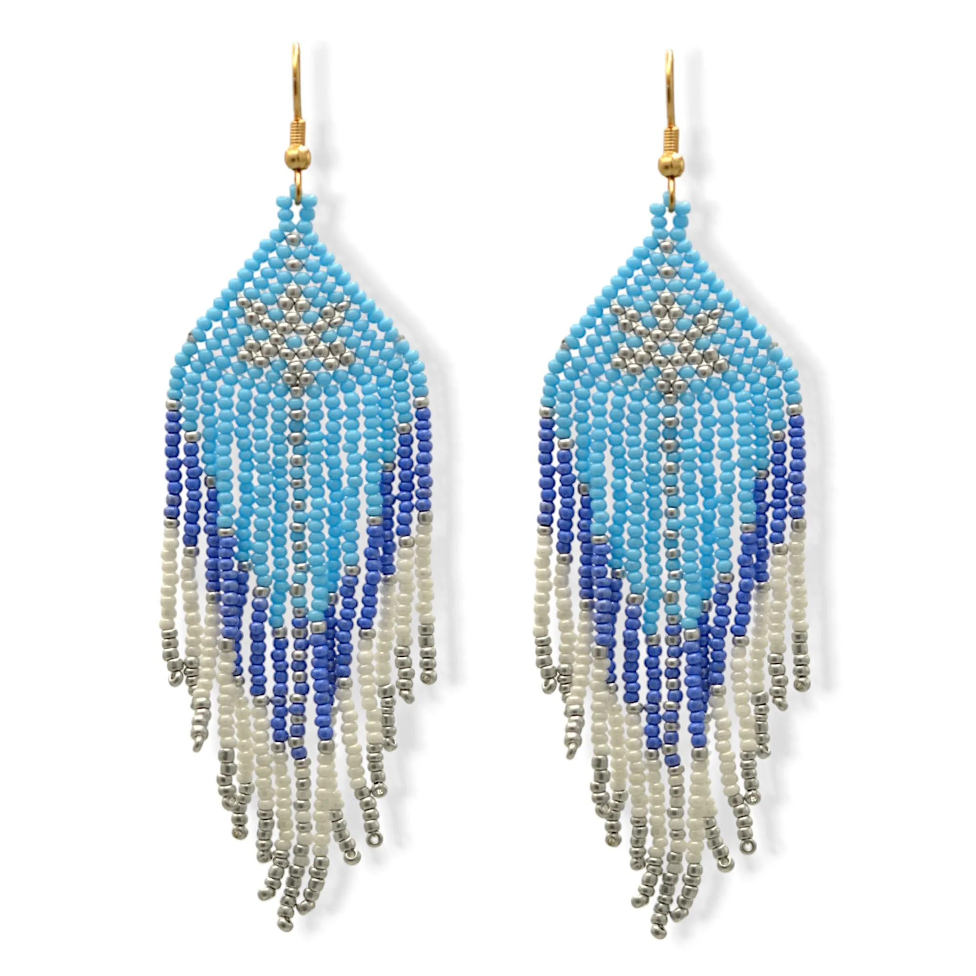 Blue White and Grey Bohemian Seed Bead Tassel Earrings#ER-1138