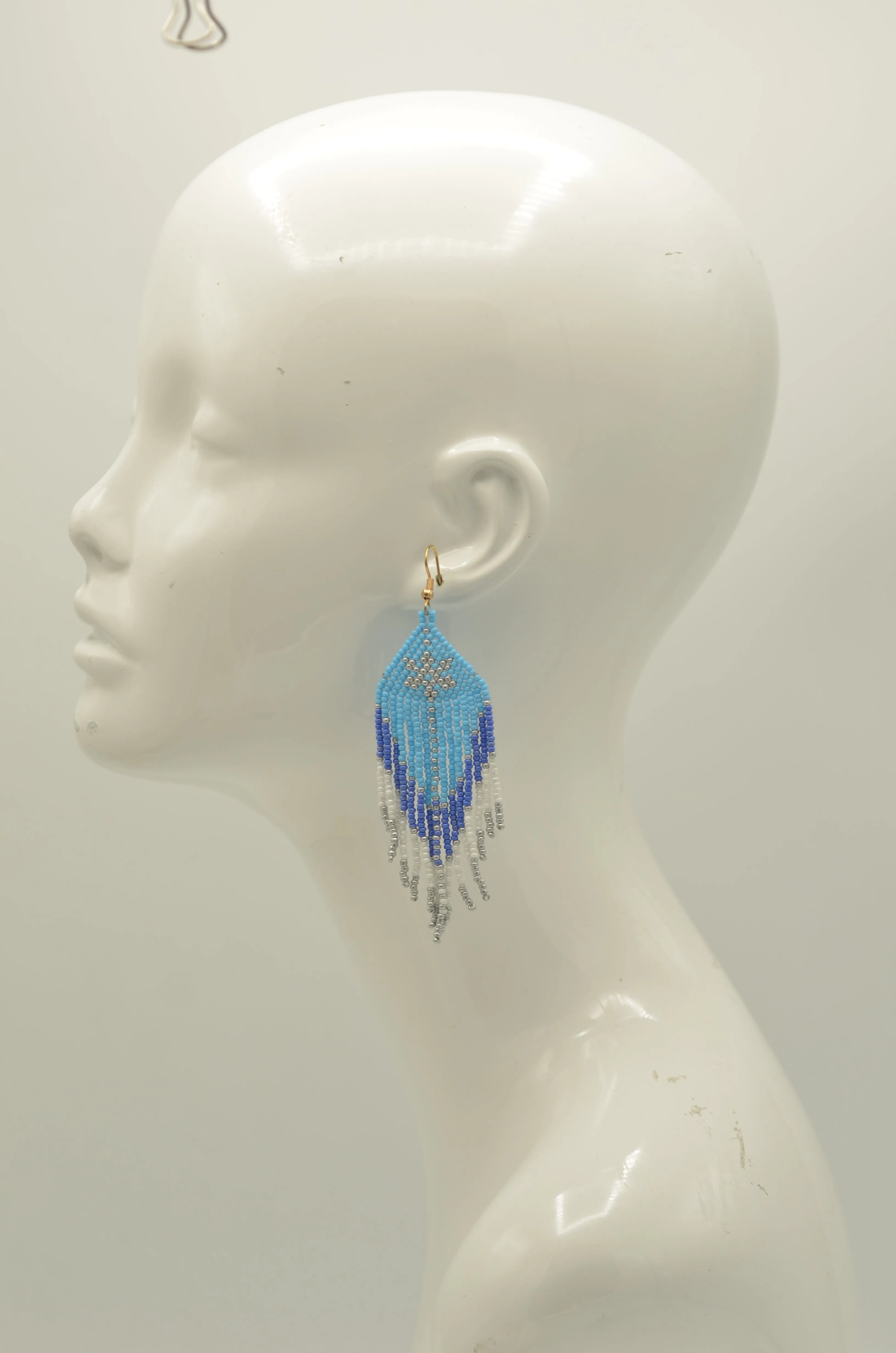 Blue White and Grey Bohemian Seed Bead Tassel Earrings#ER-1138