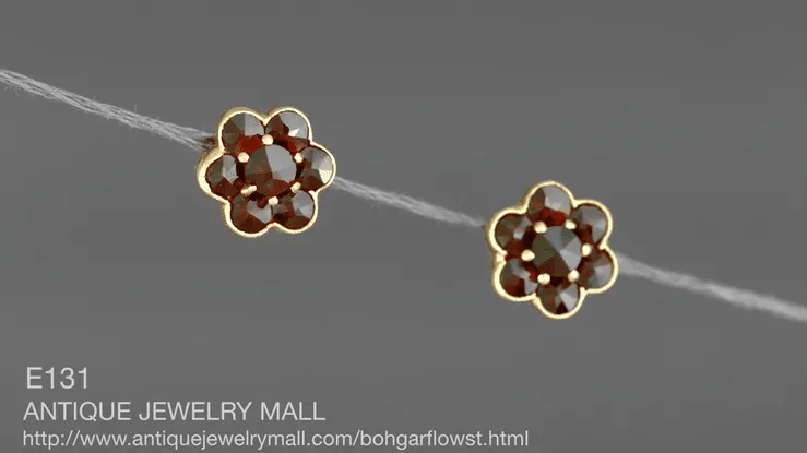 Bohemian Garnet Flower Victorian Stud Earrings in 14 Karat Yellow Gold and Sterling Silver Vermeil