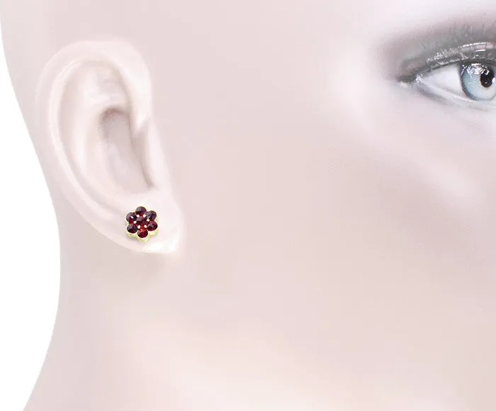 Bohemian Garnet Flower Victorian Stud Earrings in 14 Karat Yellow Gold and Sterling Silver Vermeil