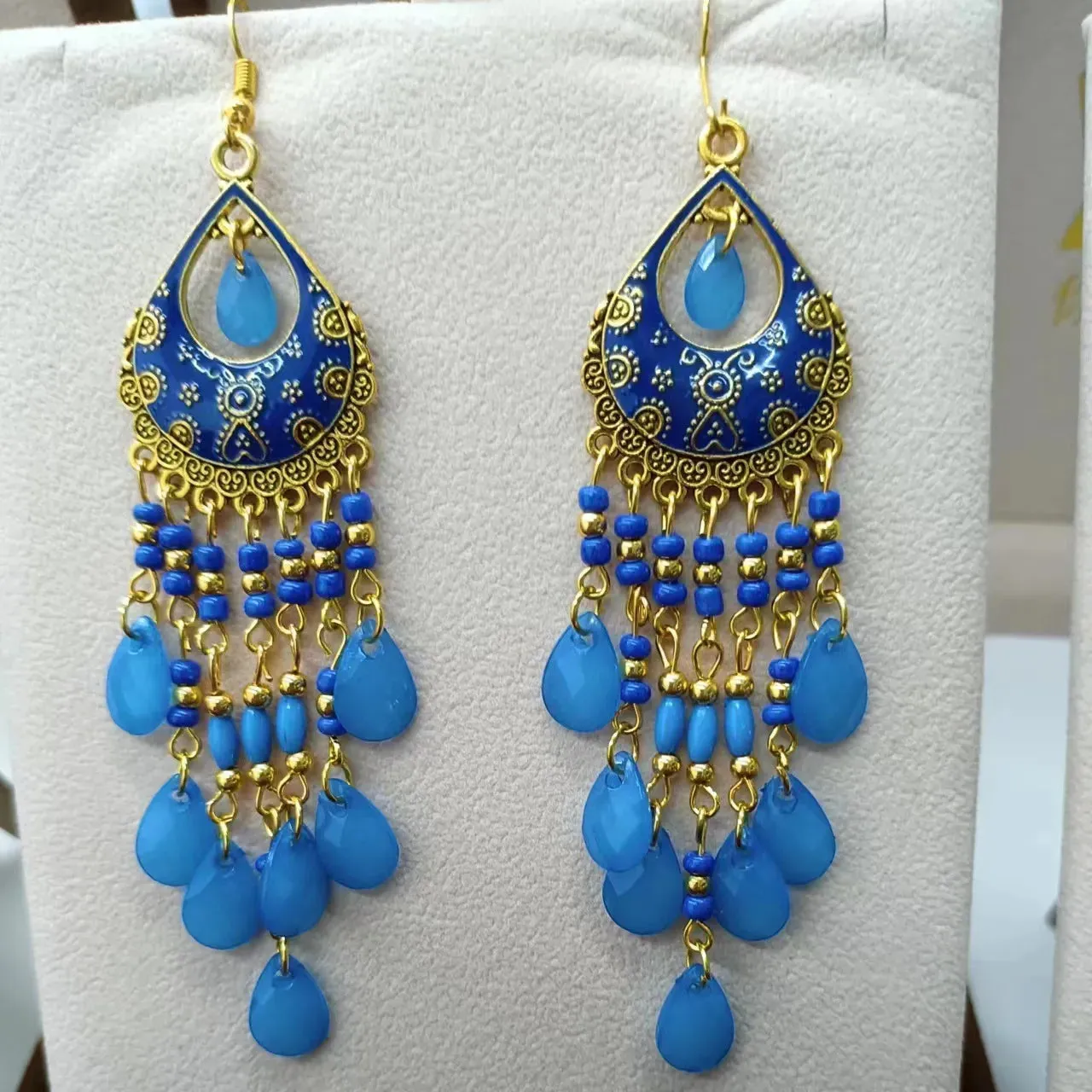 Bohemian Long Colorful Tassel Beads Water Drop Dangle Earrings For Women