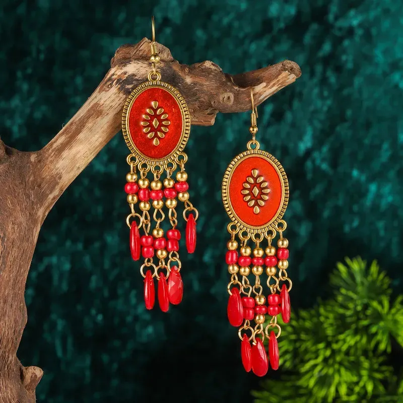 Bohemian Long Colorful Tassel Beads Water Drop Dangle Earrings For Women