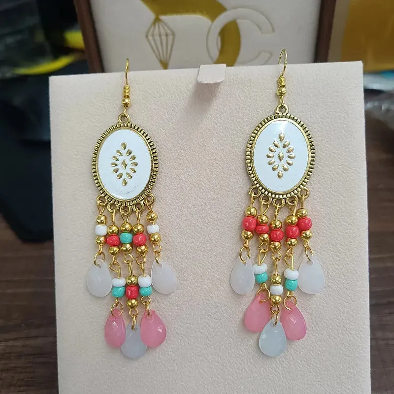 Bohemian Long Colorful Tassel Beads Water Drop Dangle Earrings For Women