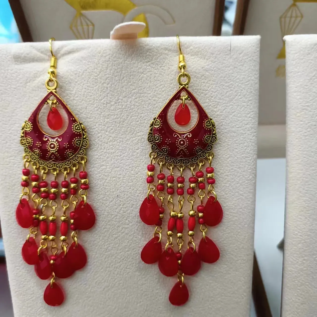 Bohemian Long Colorful Tassel Beads Water Drop Dangle Earrings For Women