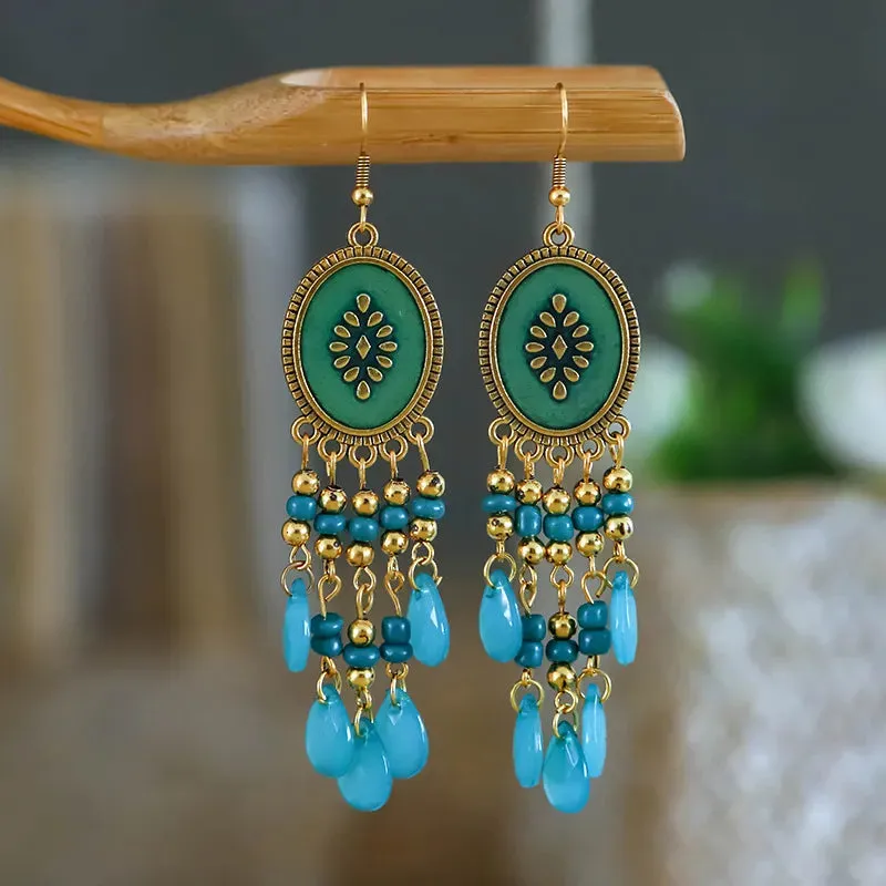 Bohemian Long Colorful Tassel Beads Water Drop Dangle Earrings For Women