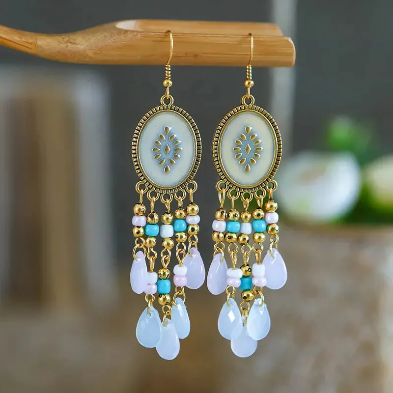 Bohemian Long Colorful Tassel Beads Water Drop Dangle Earrings For Women