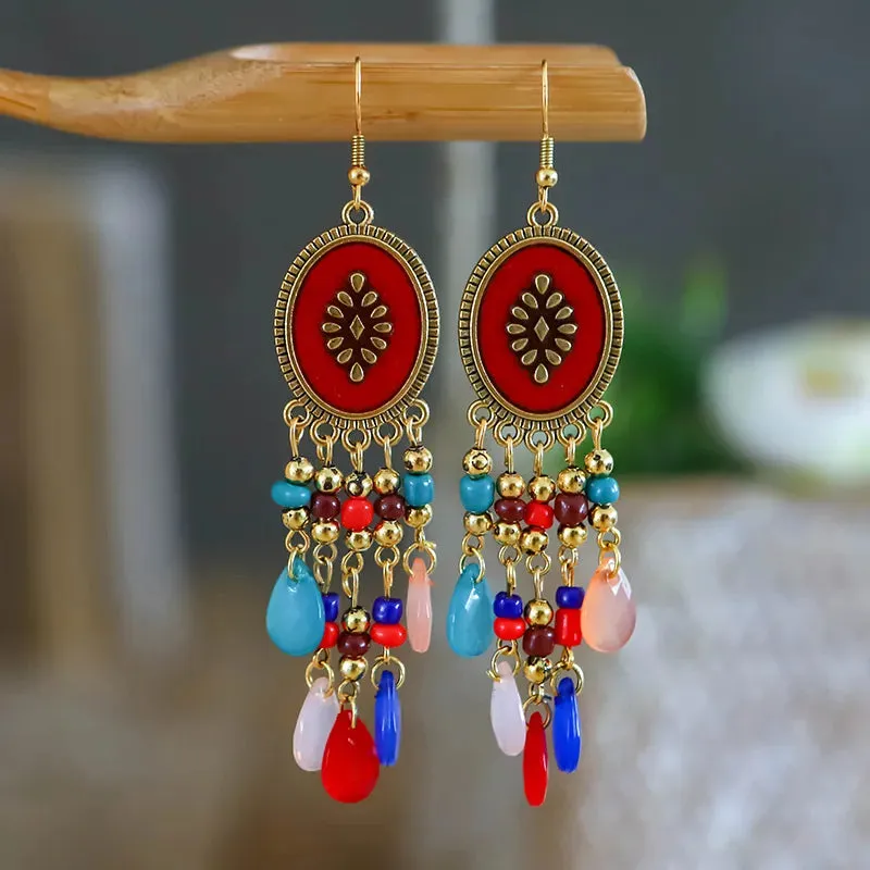 Bohemian Long Colorful Tassel Beads Water Drop Dangle Earrings For Women