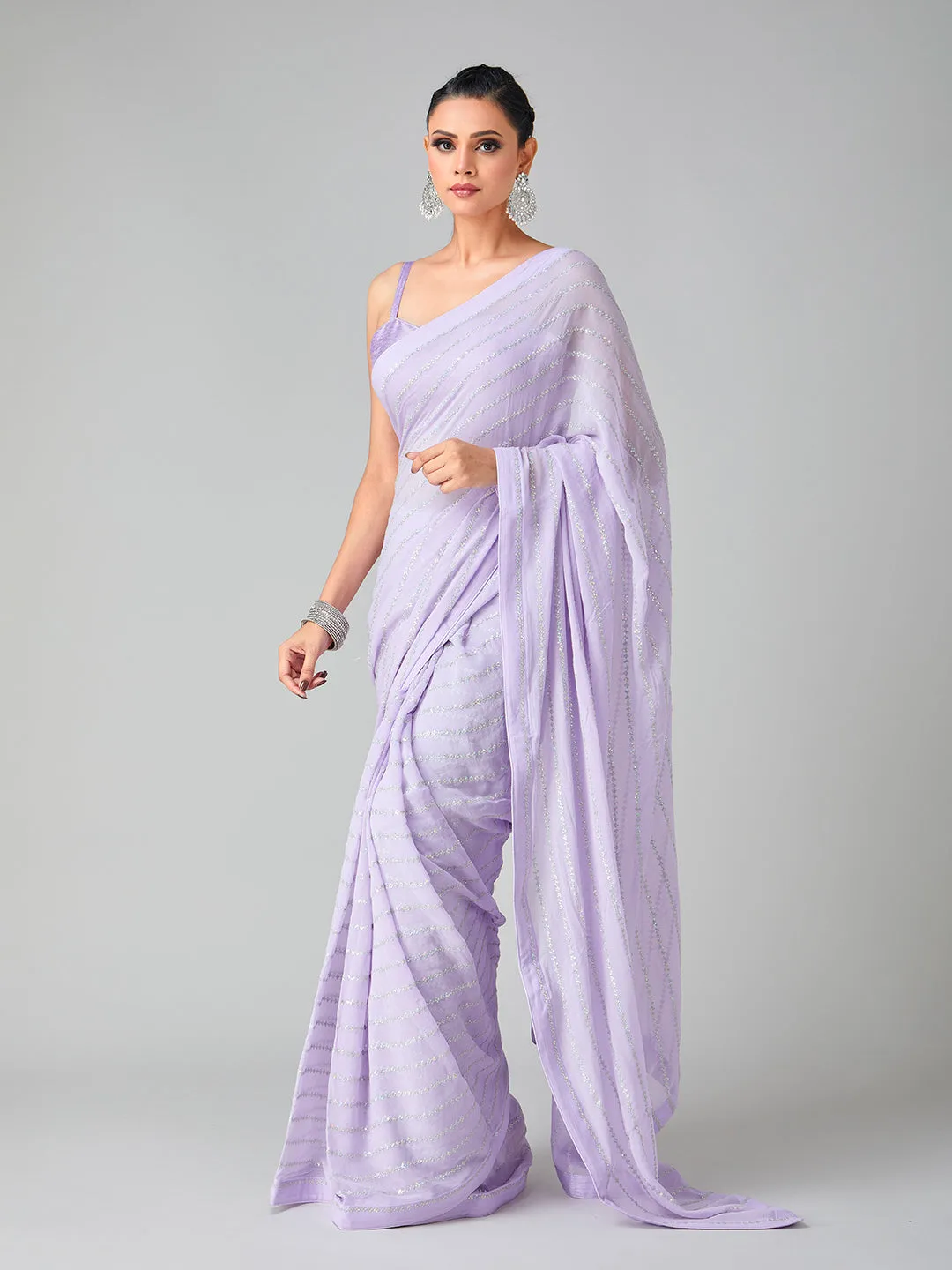 Bright Lilac Georgette Sequin Saree