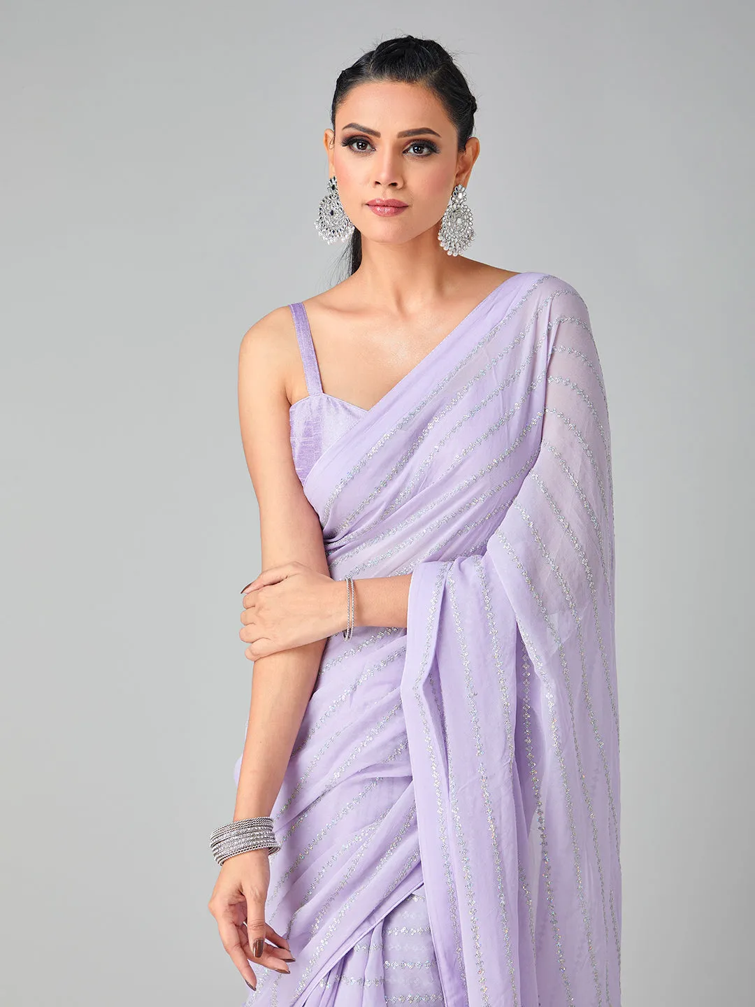 Bright Lilac Georgette Sequin Saree