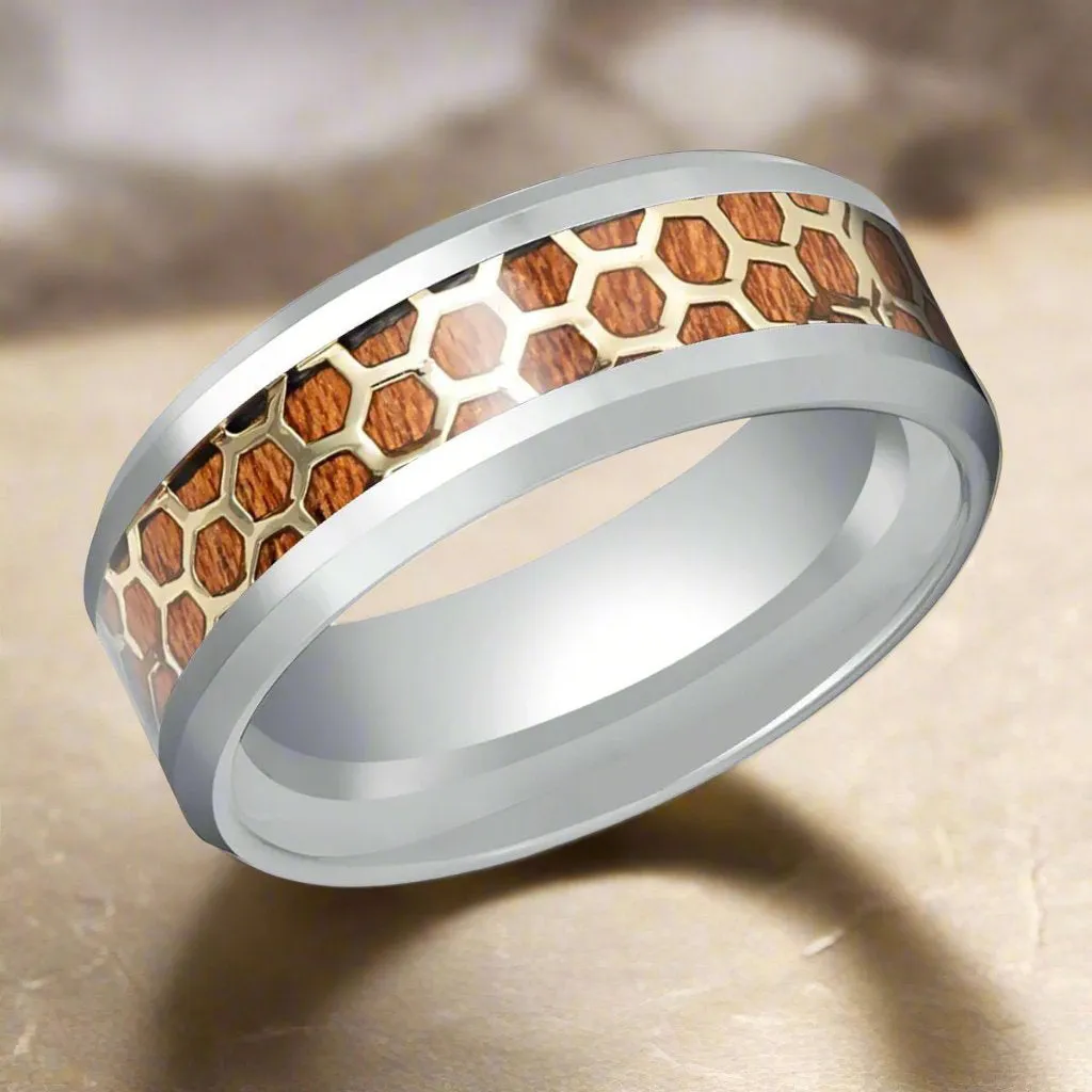 BUZZARD | Silver Tungsten Ring, Honeycomb, Rosewood Inlay, Beveled Edge