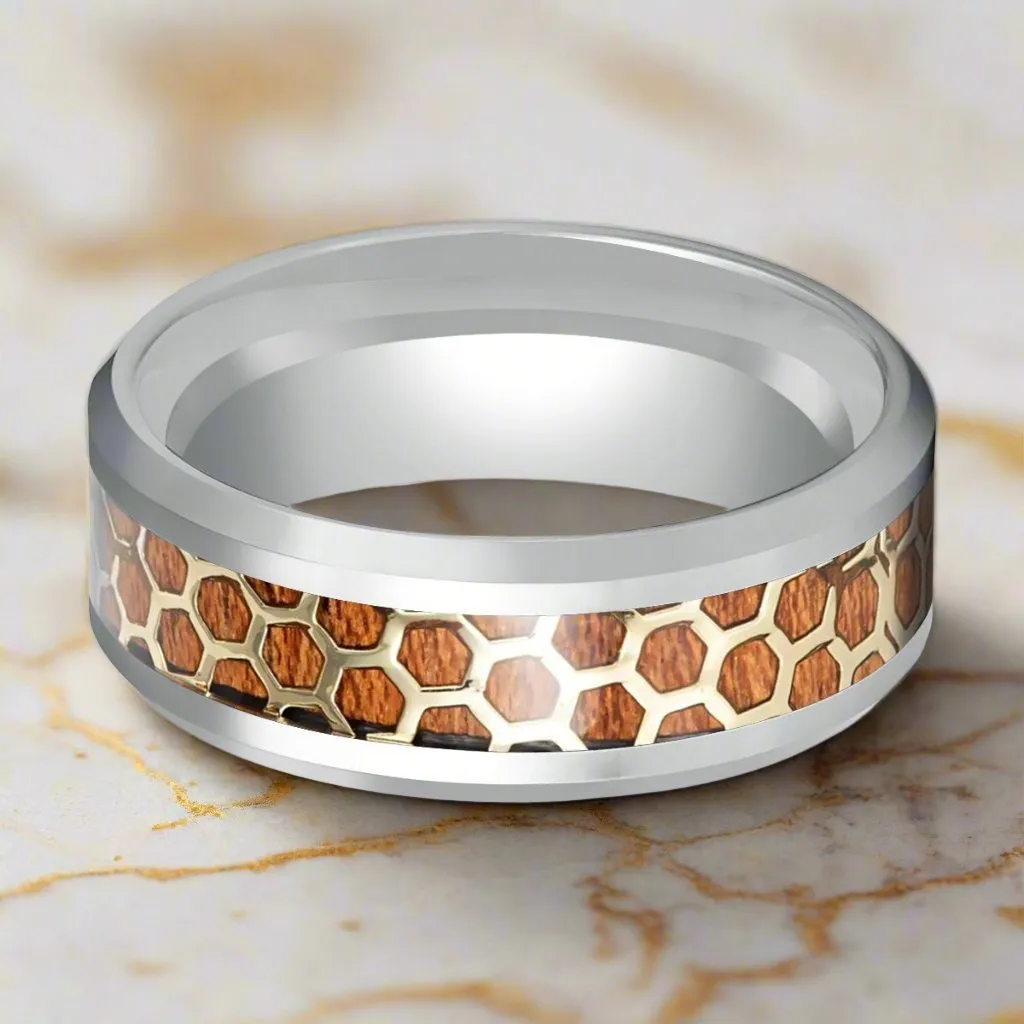 BUZZARD | Silver Tungsten Ring, Honeycomb, Rosewood Inlay, Beveled Edge