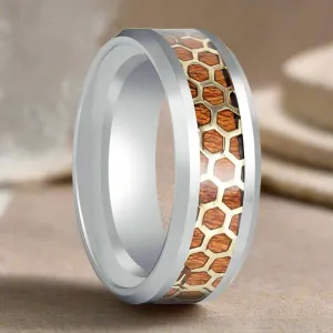BUZZARD | Silver Tungsten Ring, Honeycomb, Rosewood Inlay, Beveled Edge